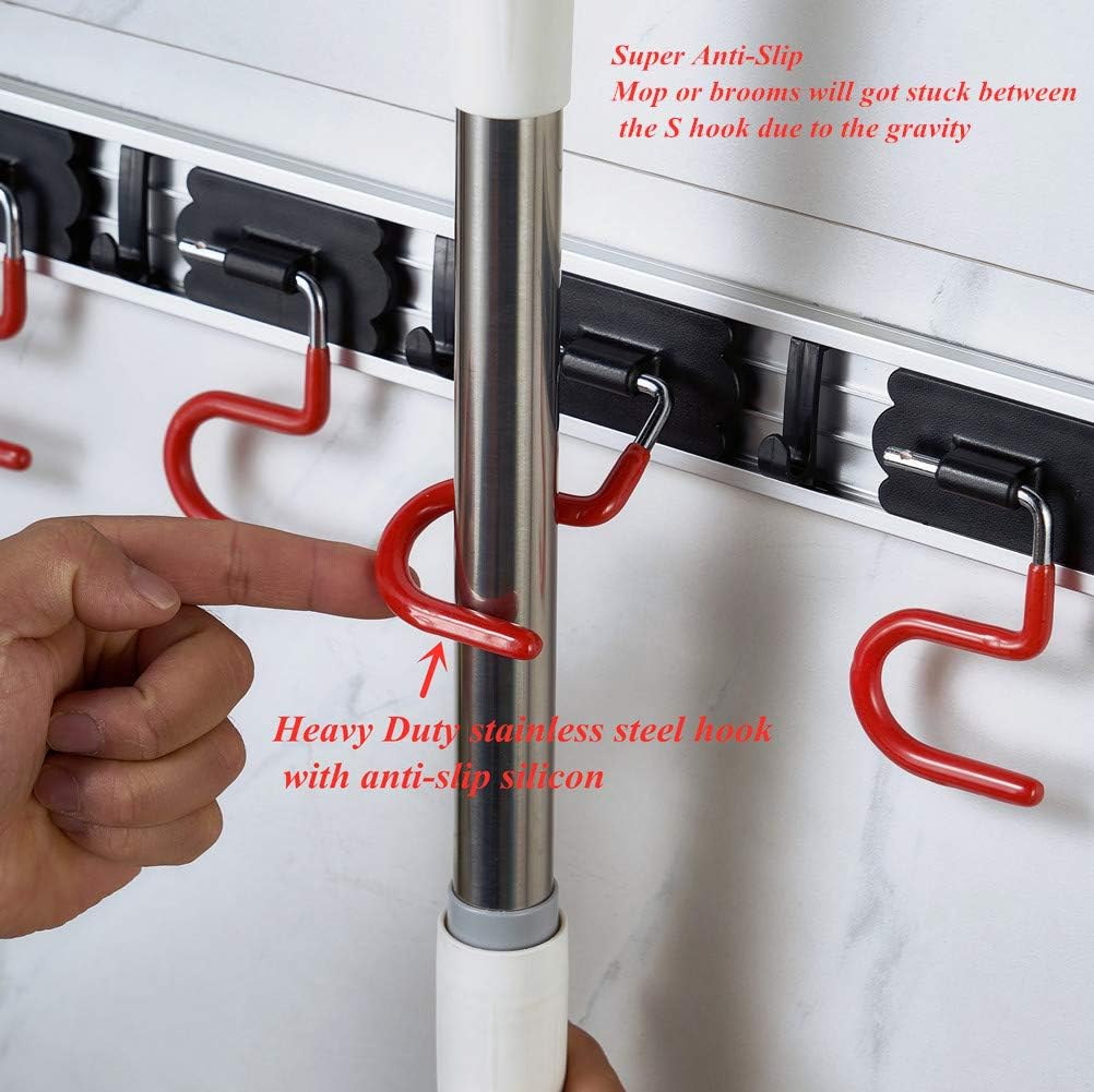 Skiennix Wall Mounted Mop and Broom Holder - Stainless Steel Organizer with 4 Positions & 3 Hooks | 17 Inches, Red/Black