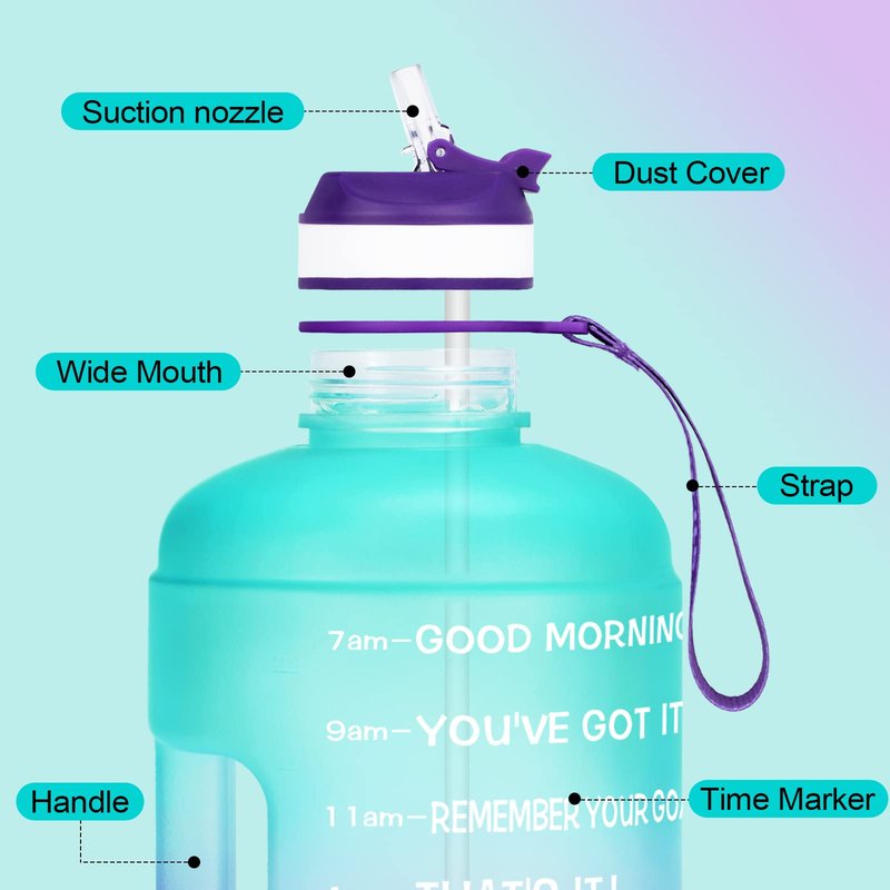 QuiFit Motivational Gallon Water Bottle - with Straw & Time Marker BPA Free Large Reusable Sport Water Jug with Handle for Fitness Outdoor Enthusiasts Leak-Proof (Green/Purple,1 gallon)