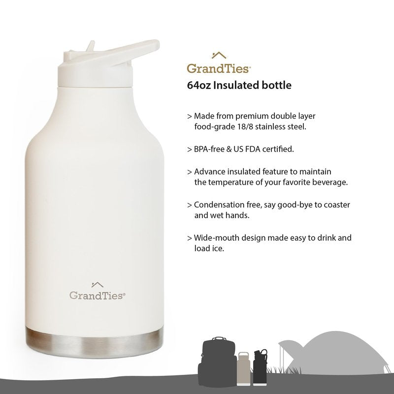 GRANDTIES 2 Lids Sports Stainless Steel Water Bottles – Wide Mouth Vacuum Insulated Reusable Leak Proof BPA-Free Travel Metal Canteen, Thermal Bottles for Men Women Gym (Ivory White 64 oz)