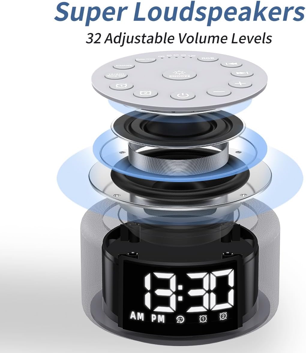 Skiennix White Noise Machine - Dual Alarm Clock with Rechargeable Battery & Night Light | 30 Sounds, 5 Timers
