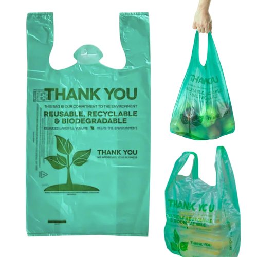 100 pcs Biodegradable Green Tshirt Plastic Bags for Small Business 22" x 12" Thank You Eco Friendly Reusable Grocery Bags with Handles for Restaurant Groceries Supermarket Supplies Retail Store