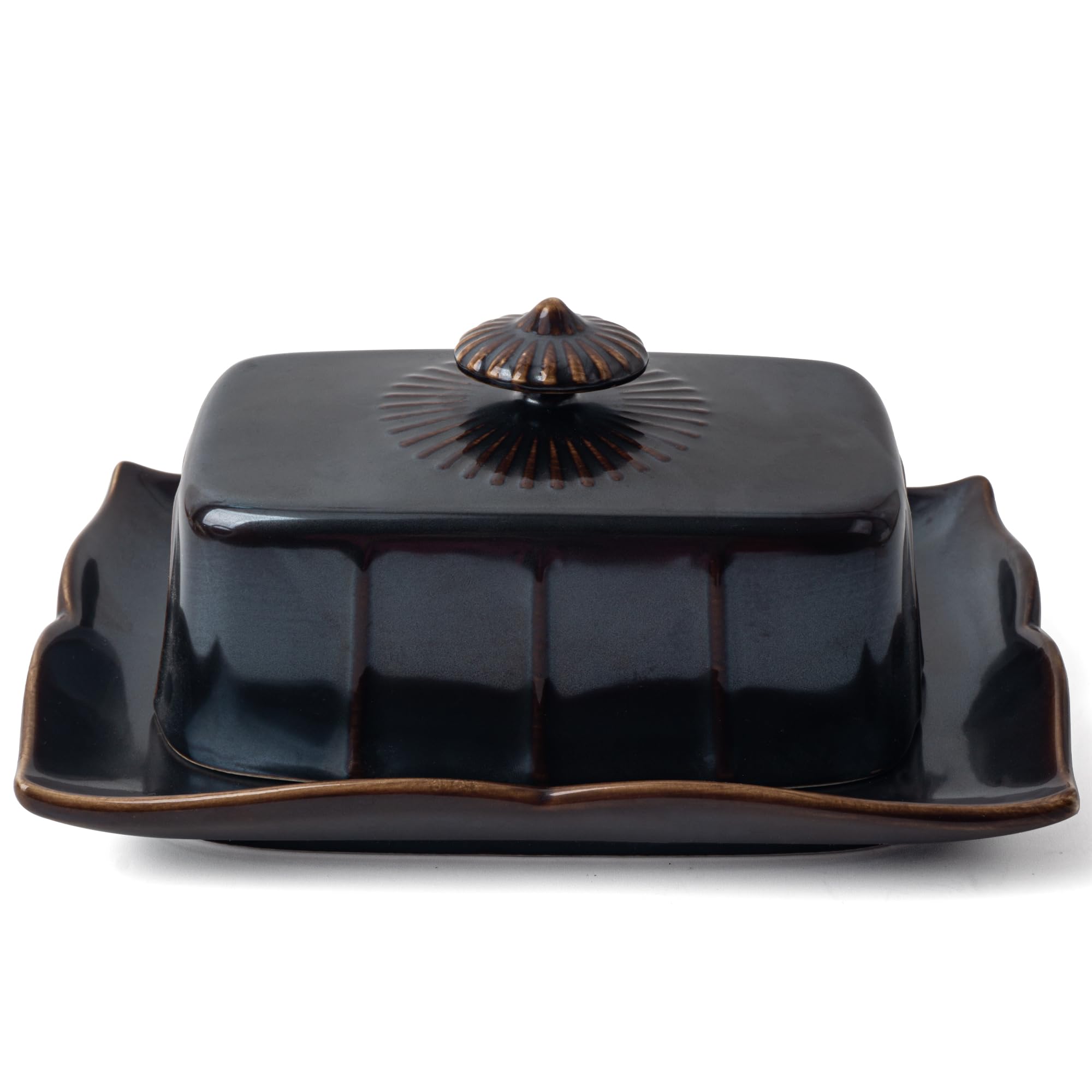 Butter Dish with Lid for Countertop, Large Ceramics Butter Dish Container, 7.5 Inch Butter Holder with Handle, Black