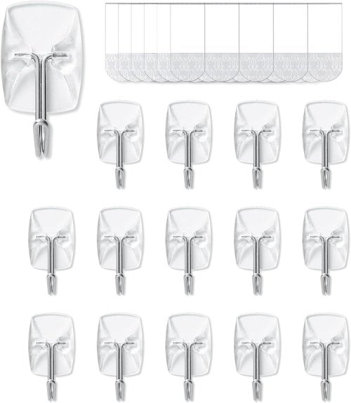 MOVELYST Heavy-Duty Clear Wire Hanger Hooks - 15 Small Hooks + 30 Removable Strips | Damage-Free Wall Solution