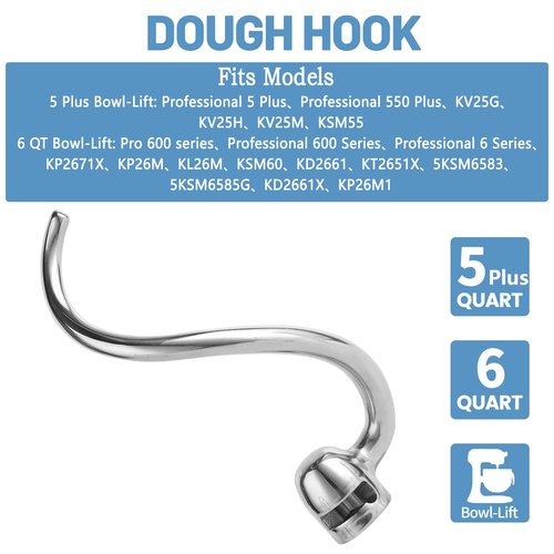 Stainless Steel Spiral Dough Hook Compatible with KitchenAid 5 Plus-6QT Mixer,Bowl Lift Stand Mixer Accessory, Rust Resistant, Effectively Kneads Bread,Pizza,Pasta and Biscuits,Dishwasher Safe