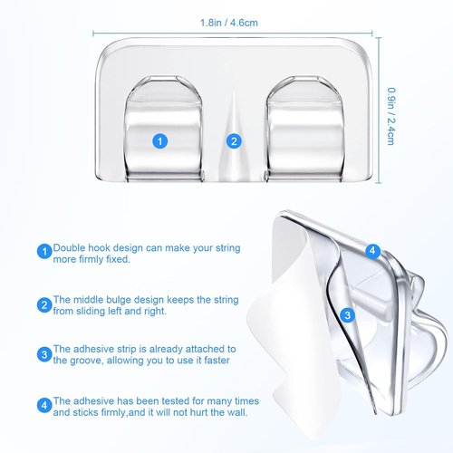 Hetyue Heavy-Duty Hooks for Outdoor String Lights | 26Pcs Waterproof Adhesive Clips - Clear Cord Holders