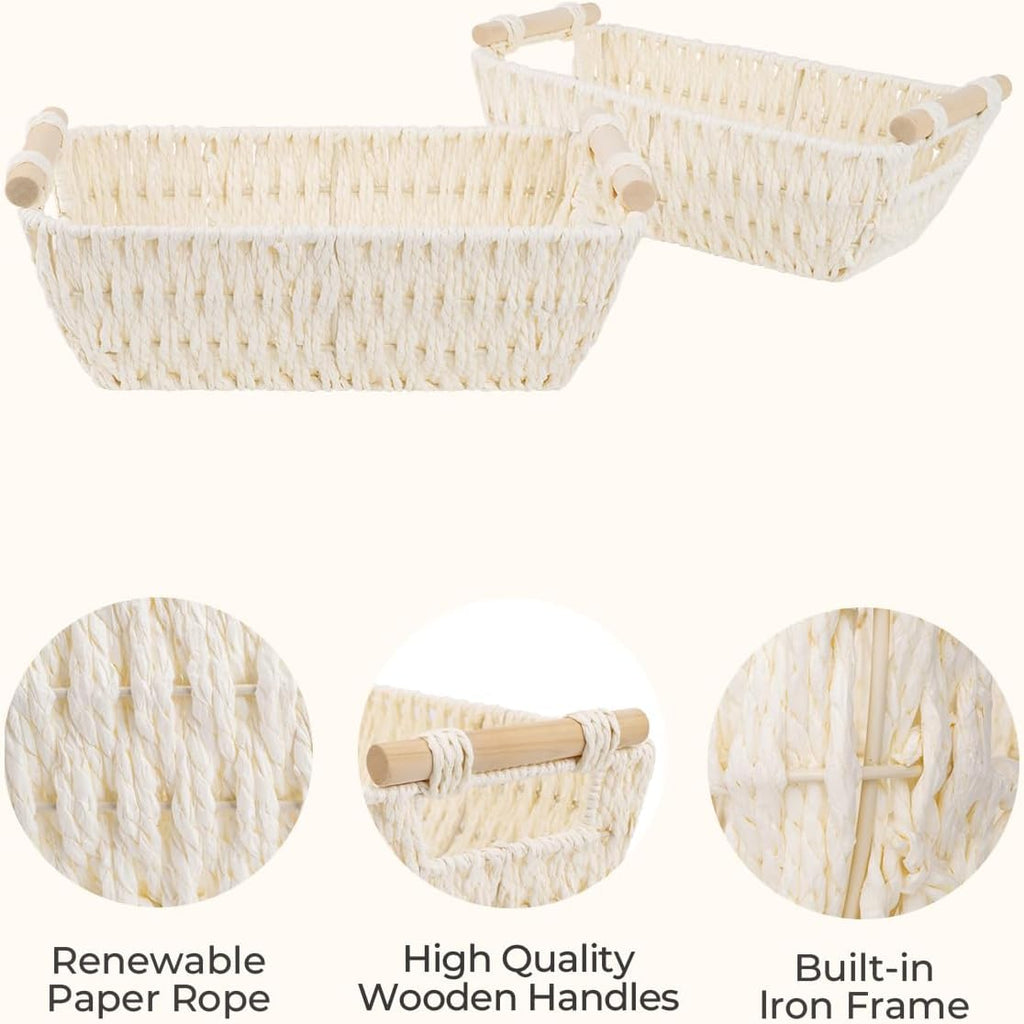 StorageWorks Round Woven Paper Rope Basket - Wooden Handles, Beige | Small 2-Pack for Gifts & Organization