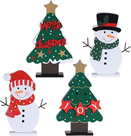 DECSPAS Christmas Decorations - 4 PCS Wooden Christmas Trees & Snowmen for Festive Table Centerpieces