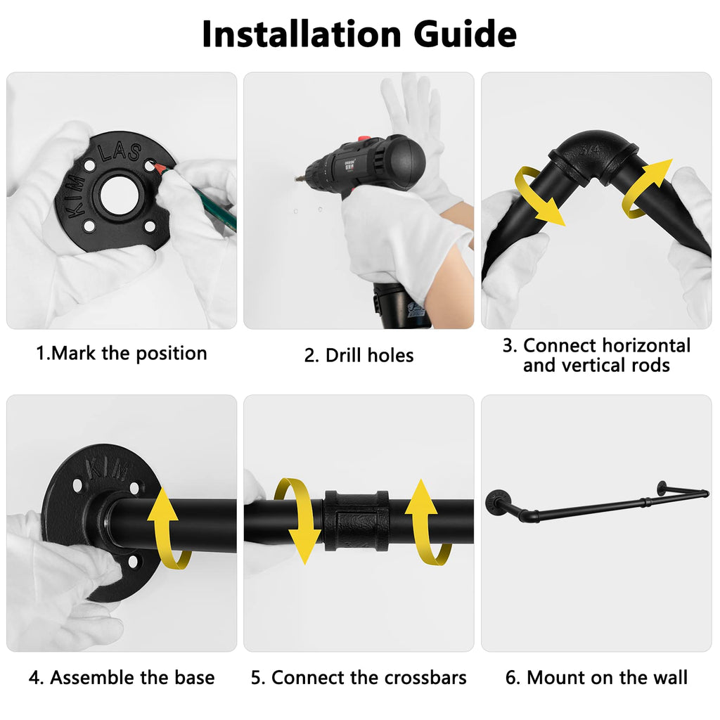 Elibbren 4 Pack Clothing Rack Wall Mount, Industrial Pipe Clothing Rack 38.4IN, Hanging Clothes Rack,Heavy Duty Iron Garment Rack Bar for Closet,Laundry Room, Multi Purpose Hanging Rod,Black