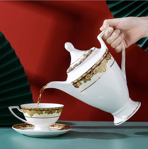 Porlien Exquisite Bone China 17-piece Tea Set for 6, Porcelain Tea Set with Teapot, Red Pattern Trimmed with Gold