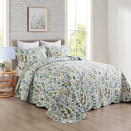 Travan Queen Size Floral Quilt Set - 3-Piece Lightweight Bedspread Coverlet