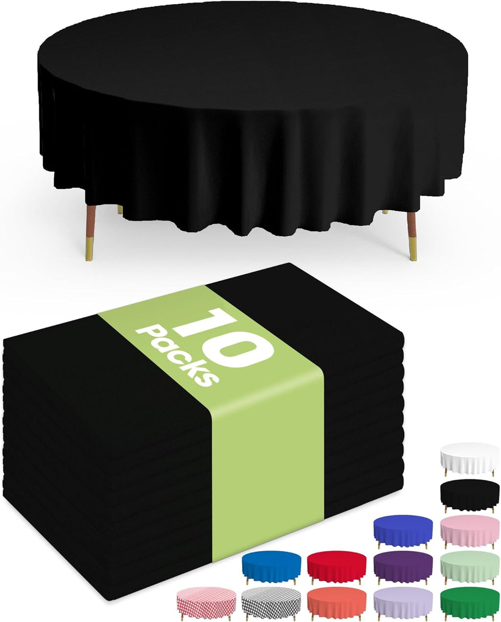 Pureegg Disposable Plastic Table Cloths - 84'' Round, Leakproof & Sturdy for Halloween Parties | 10 Pack, Black