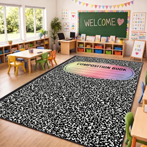 Large Composition Notebook Rug 13x7.5 ft, Washable Non-Slip Classroom Carpet