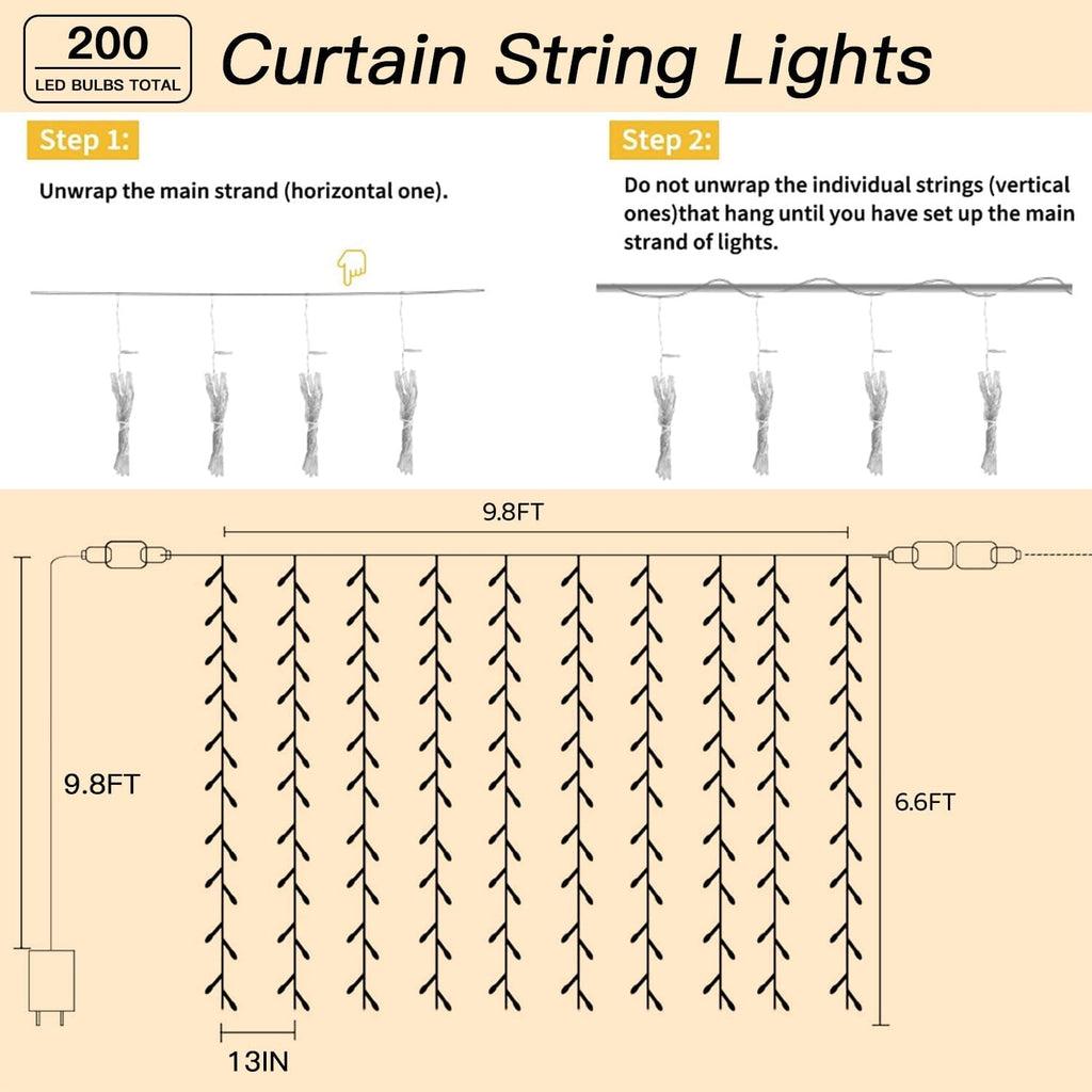 Skiennix 200 LED Curtain String Lights - 9.8 x 6.6FT Waterproof Fairy Lights with Timer & 8 Modes for Indoor/Outdoor Decor