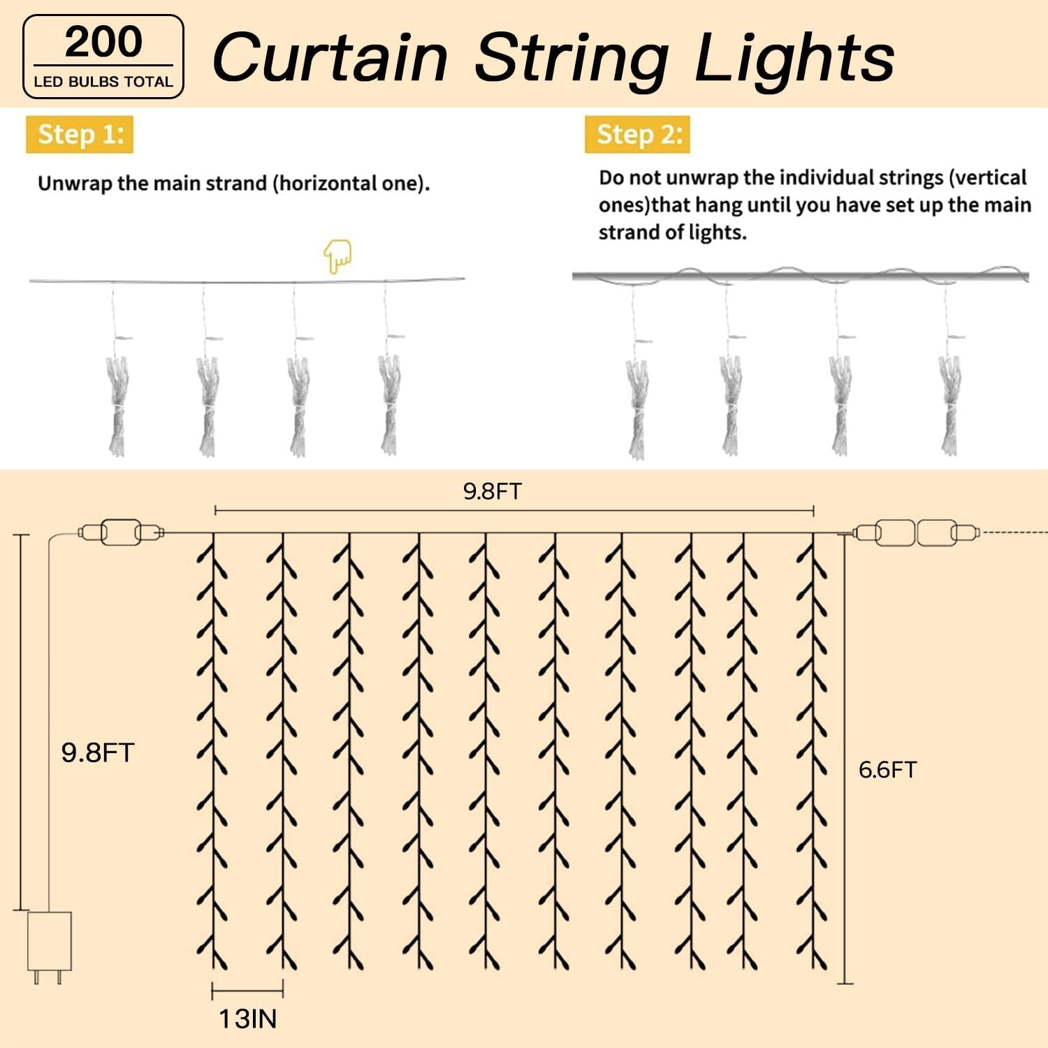 Skiennix 200 LED Curtain String Lights - 9.8 x 6.6FT Waterproof Fairy Lights with Timer & 8 Modes for Indoor/Outdoor Decor