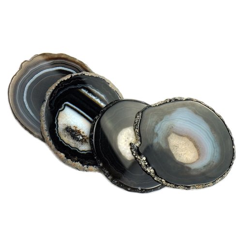 Sisamn Black Agate Slices Bulk Geode Coasters Set of 4 with Rubber Bumpers - Unique 3-4 Inch Dyed Stone Drink Crystal Coasters for Home Decor, Coffee Table, Bar Accessories