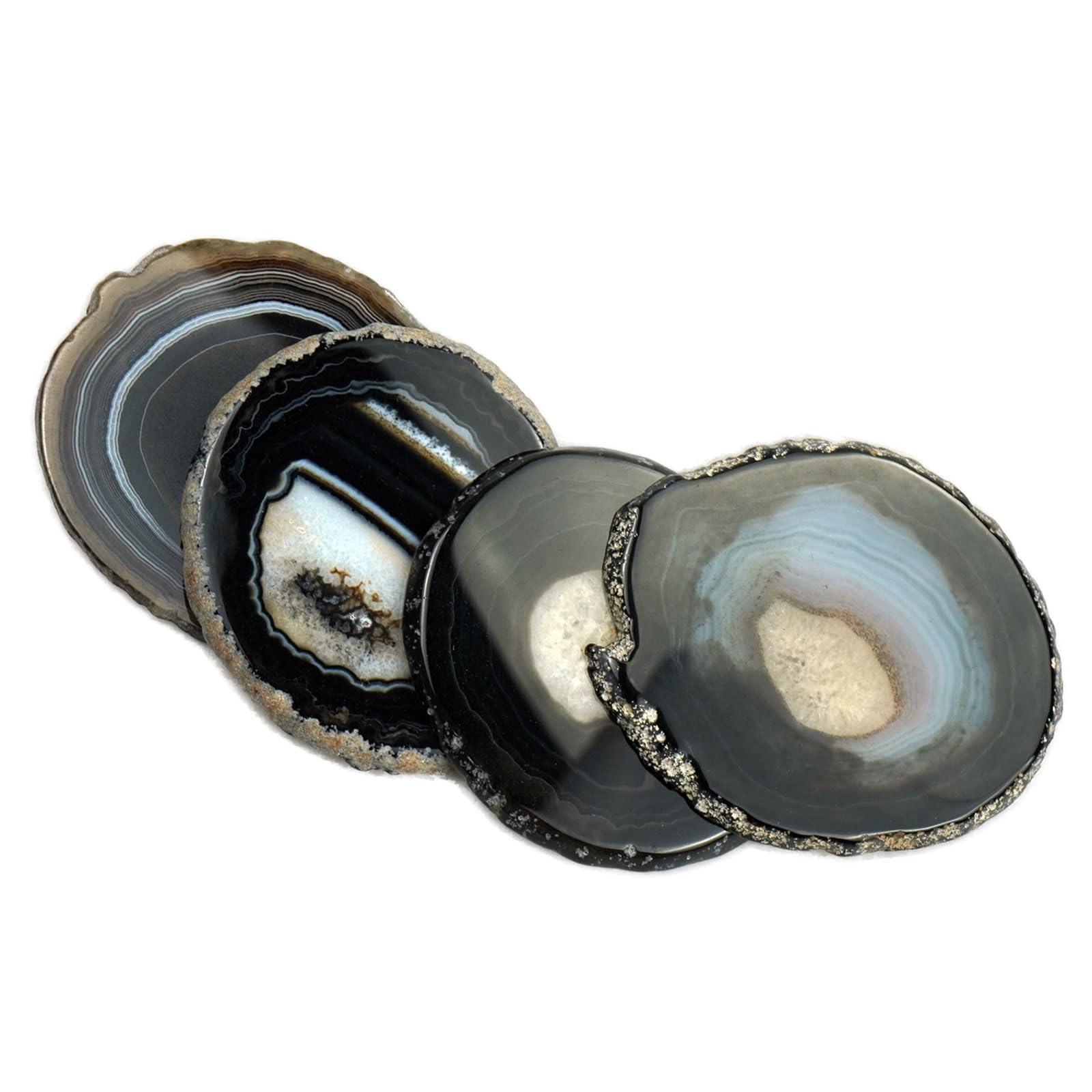Sisamn Black Agate Slices Bulk Geode Coasters Set of 4 with Rubber Bumpers - Unique 3-4 Inch Dyed Stone Drink Crystal Coasters for Home Decor, Coffee Table, Bar Accessories