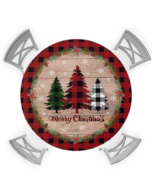 EwdeWwo Christmas Elastic Round Tablecloth, Christmas Tree Red Buffalo Plaid Xmas Snowflake Fitted Tablecloths for Round Table Oil-Proof Waterproof Table Cloth (Fit for 45" - 54" Round Tables)