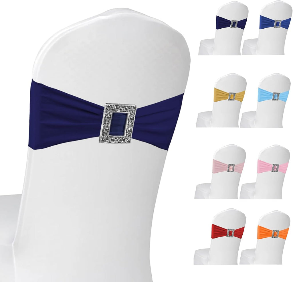 Skiennix Spandex Stretch Chair Sashes - 100 Pack Elastic Covers with Buckle Slider for Weddings & Events | Navy Blue