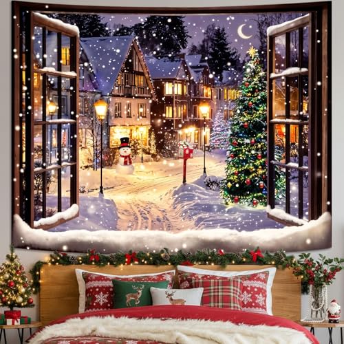 Art Deco Christmas Landscape Tapestry Wall Hanging - Snowmen Scene, 80x60 Inches
