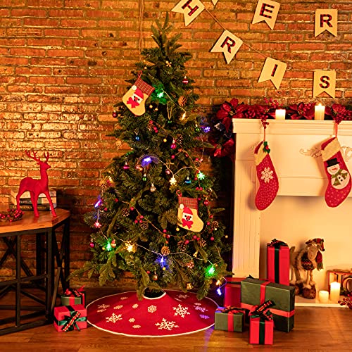 30-Inch Red Burlap Christmas Tree Skirt with Snowflake Print & Ribbon Ties