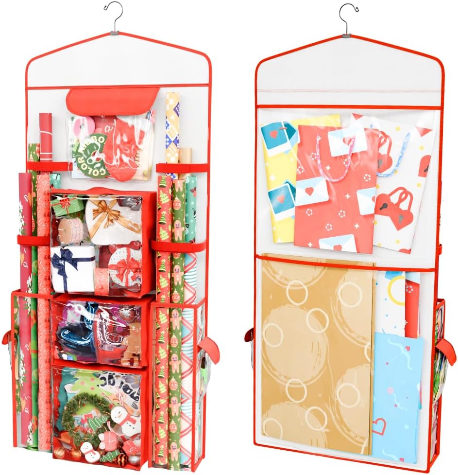 ProPik Wrapping Paper Storage Organizer - Double-Sided Design with Multiple Pockets, 40" x 17", Red