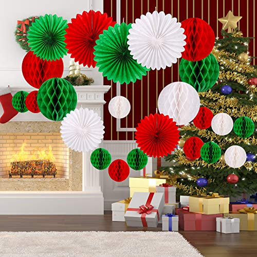 Konsait Christmas Paper Honeycomb Balls & Fans Kit – 30pc Red Green White Party Decor