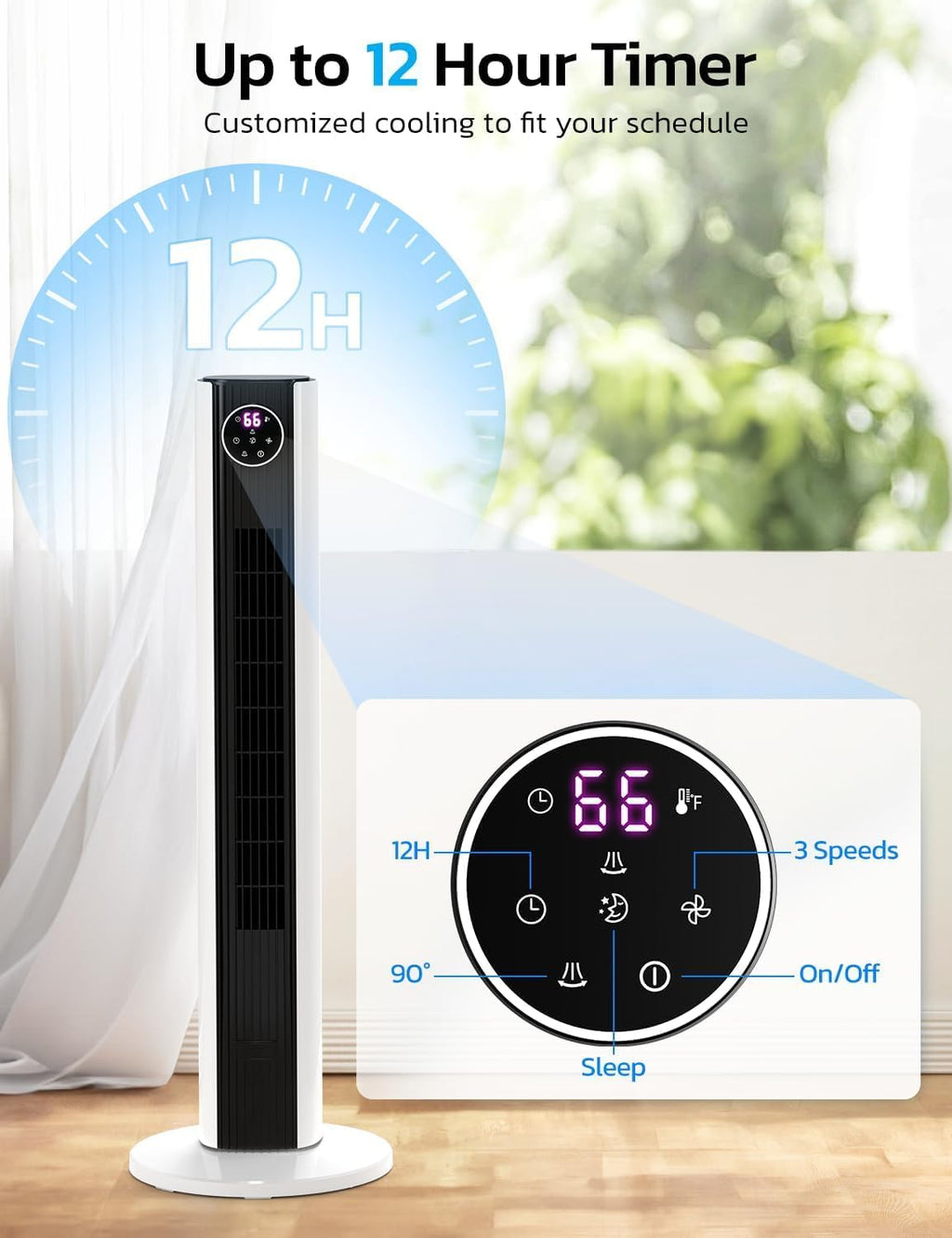 ZAFRO Tower Fan - 90° Oscillating Standing Fan with 4 Modes, 3 Speeds, 12H Timer | 36 Inches, Black & White