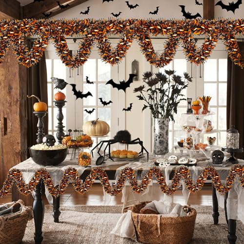 50ft Halloween Tinsel Garland - Metallic Orange & Black Hanging Decor