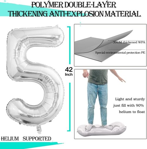 GOER Silver Foil Number 5 Balloons - Huge 42" & 32" Party Decorations for 5th & 55th Birthdays (3 Pcs)