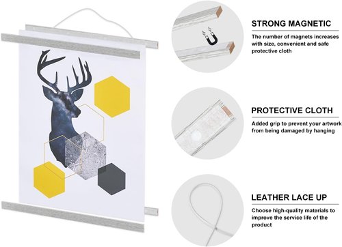 Benjia Magnetic Poster Hanger - 14" Wooden Frame for Canvas & Artwork | Easy Wall Display (Grey)