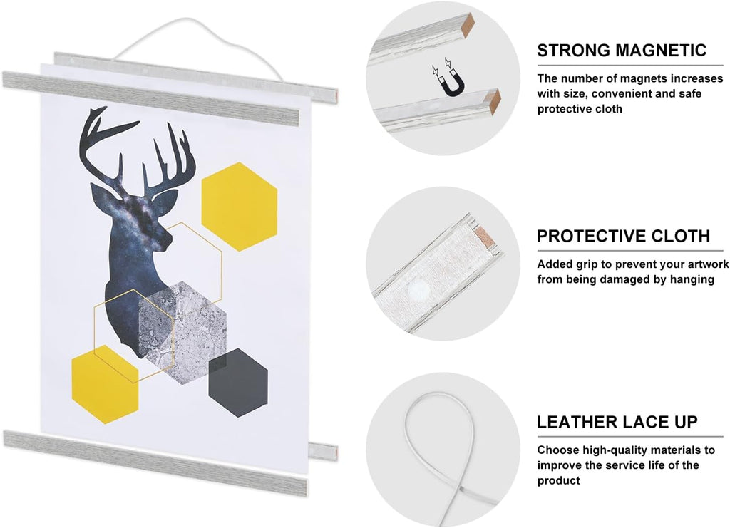 Benjia Magnetic Poster Hanger - 20" Wooden Frame for Canvas & Artwork | Grey Dowel Hanging Kit