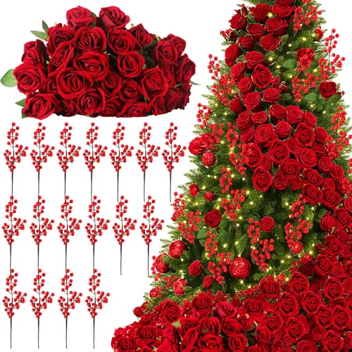 Artificial Velvet Rose & Berry Christmas Decor Set | 60 Pcs Holiday Floral Arrangement