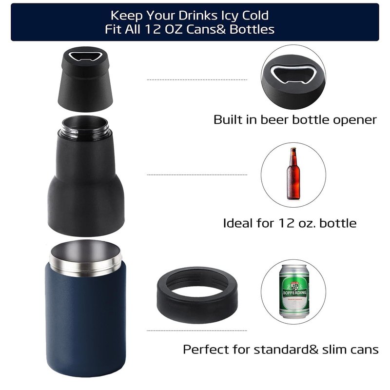 Stepstall Beer Gifts for Men - Beer Bottle Cooler with Opener, 12 oz. Slim Can Insulator (Navy Blue)