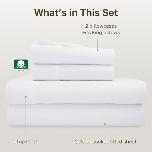 California Design Den Cal King Sheet Set - 100% Soft Cotton, 400 TC, Silky Smooth Sateen - White