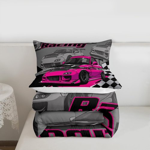 Pink Race Car Kids Comforter Set Twin Size,Racing Flag Black White Checkered Bedding Set,Boys Girls Adults Room Decor,Extreme Sports Games Down Comforter,Modern Fashion Duvet Insert,1 Pillowcase