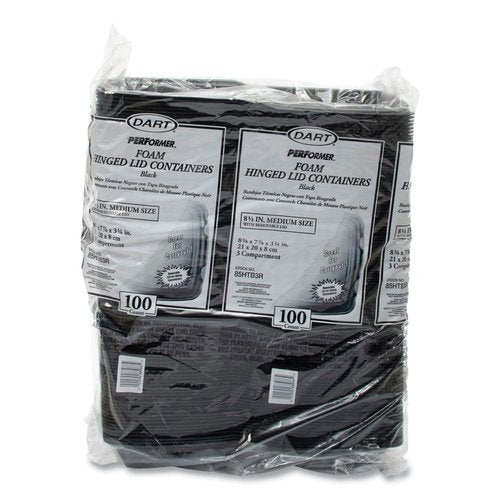 Dart 85HTB3R Med Perforated Black 3 Comp Foam Hinged Container, 8.5 in, Black (Case of 200)