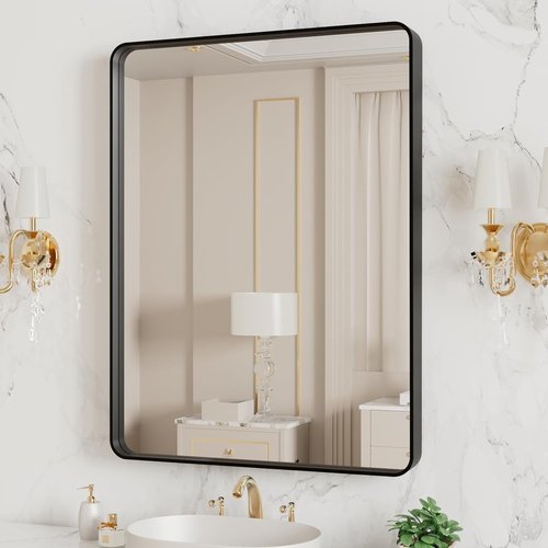 LOAAO Black Metal Framed Bathroom Mirror - 20x16 Inch Large Rounded Rectangle, Anti-Rust, Versatile Hanging Options