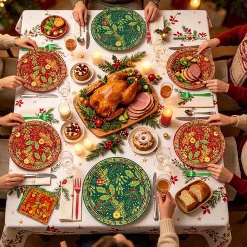 Holly Leaf Red Berry Christmas Paper Plates & Napkins Party Set - Serves 24