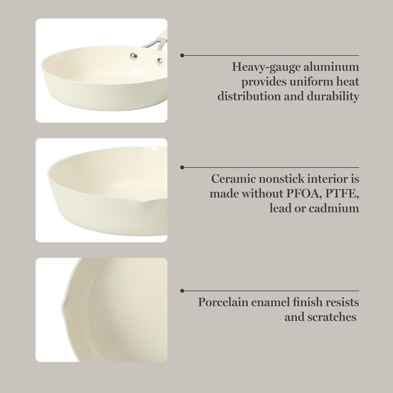 Martha Stewart Heathland 9.5 Inch Aluminum Cookware Non-Toxic Premium Ceramic Non Stick Frying Pan, Kitchen Egg Pan, Omelet, Pots and Pans, Linen White, Induction Safe