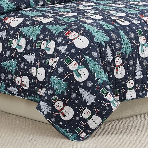 Christmas Full/Queen Quilt Set with Pillowcases - Snowman Winter Scene