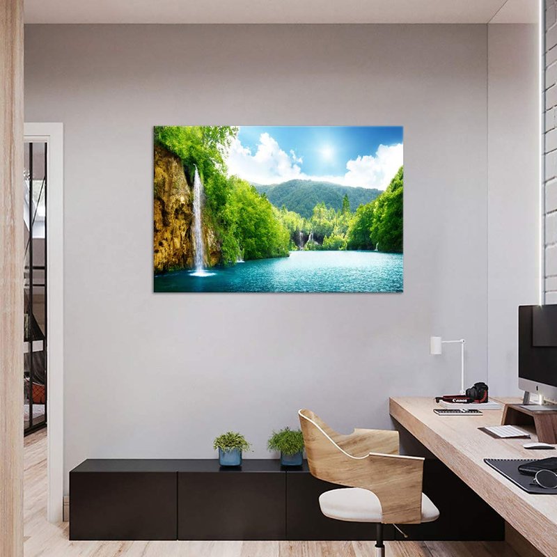 Yatsen Bridge Waterfall Painting for Living Room Wall Art Home Decor Prints Green Forest and Lake Pictures Artworks Wall Decoration Framed Ready to Hang for House(36''W x 24''H)