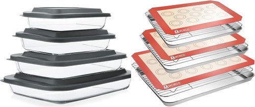 MCIRCO Glass Baking Dish Set - 8 Pcs with Lids & 9 Pcs Stainless Steel Baking Sheet Tray | Perfect for Cooking & Baking