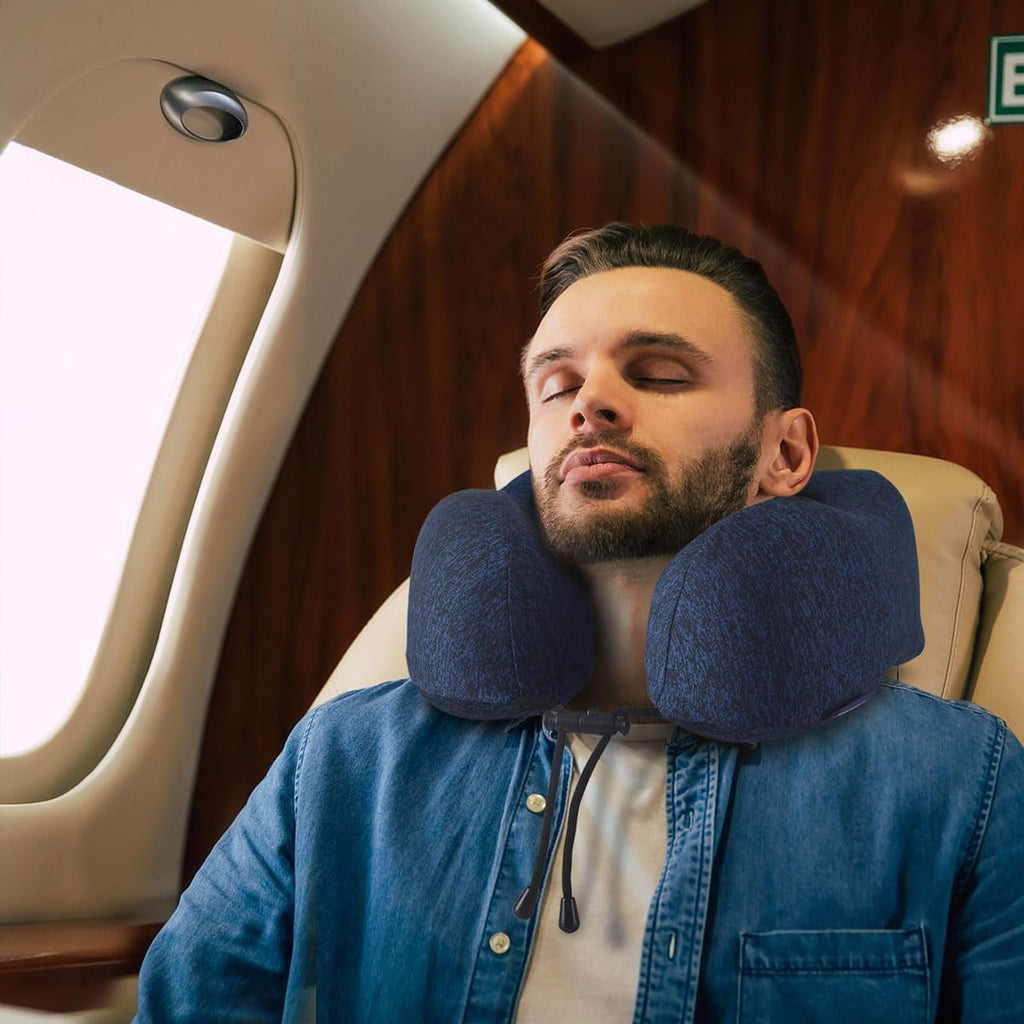 Napfun Travel Neck Pillow - Upgraded 100% Pure Memory Foam for Airplane Comfort | Portable Blue Headrest