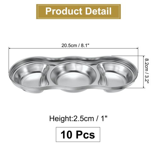 uxcell 10 Pack Stainless Steel Dish Dipping Bowls with 3 Round Compartment Divided, Metal Seasoning Plate Dipping Bowl for Condiment Home Party Restaurant Picnic Travel, Silver