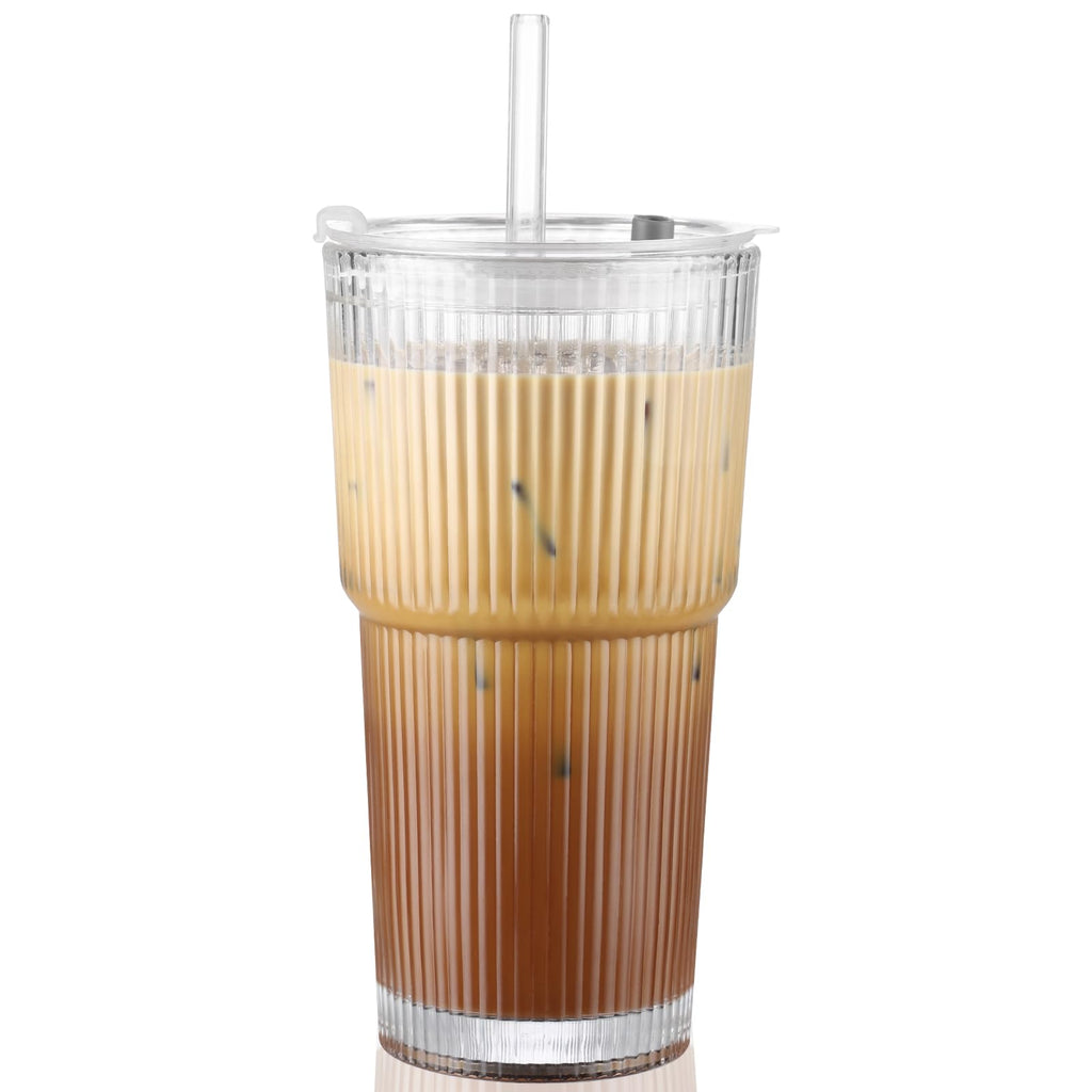 CWHHRN 20 oz Glass Cup with Lid and Straw, Glass Tumbler with Straw and Lid, Vintage Glassware for Whiskey Cocktail Beer, Iced Coffee Cups with Lid (1 PACK)