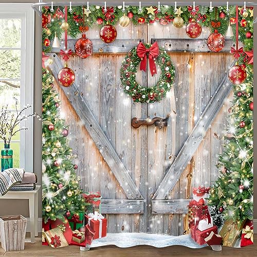 MCKTOM Rustic Farmhouse Christmas Shower Curtain 72x72 in Grey with 12 Hooks