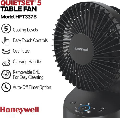 Honeywell QuietSet 5 Oscillating Table Fan - Compact Black Fan with 5 Power Levels for Quiet Comfort