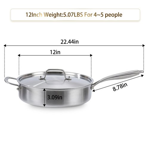 DELARLO 5QT Saute Pan Tri-Ply Stainless Steel Pan, 12Inch Deep Frying Pan with Steel cover, Kitchen Large Skillet,Heavy Duty Style Compatible With All Cooktops Up to 650℉