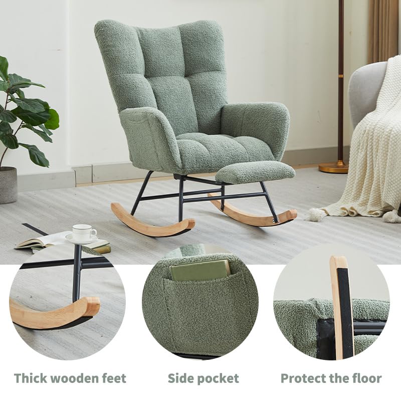 HEAHOLD Green Teddy Fabric Rocking Chair with Anti-Slip Base, 35.4" Plush Glider for Nursery & Living Room