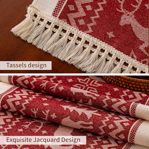UWWGKK Red 14x63 Inch Elk Table Runner with Tassel Fringe for Christmas & Holiday Decor